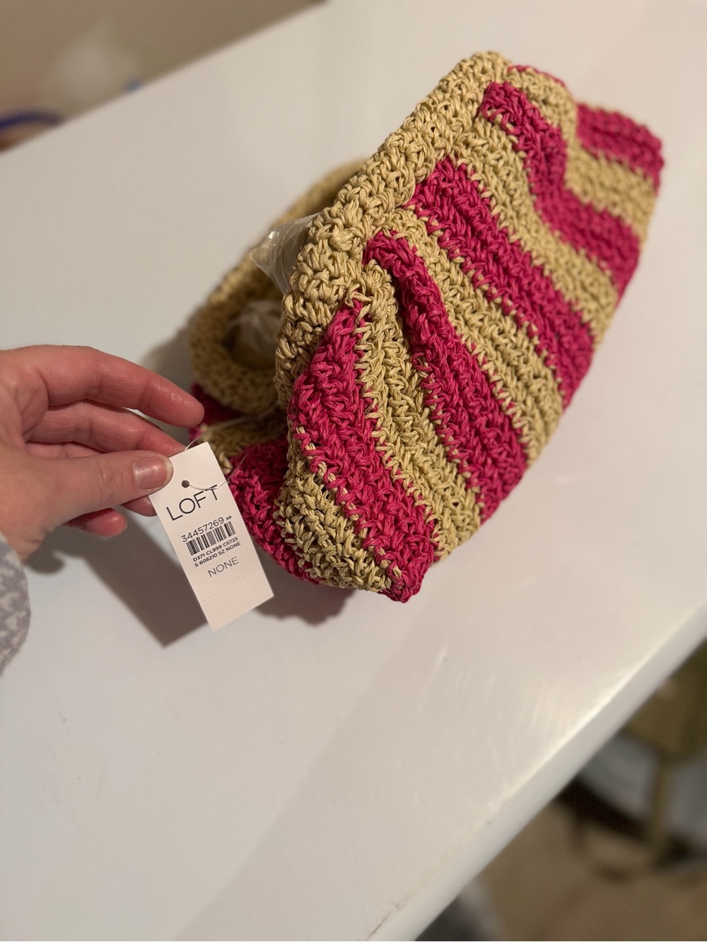 LOFT Pink and Tan Striped Crochet Shoulder Bag